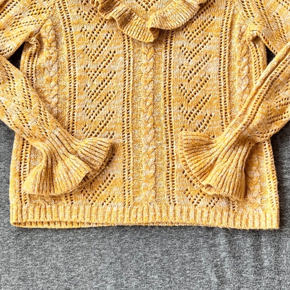 Kensie Heathered Open Knit Ruffle Sweater Sz M Retro Mustard Shabby Chic Cottage - Picture 4 of 12